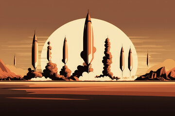 On a background of a clear sky, a row of intercontinental ballistic missiles launches in a desert. Generative AI