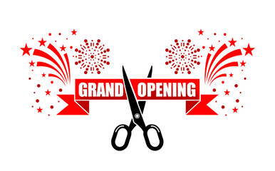 Grand opening flyer template with copy space for your text. Scissors cut red ribbon on background of fireworks. Vector