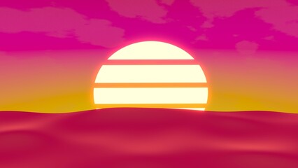 Fototapeta na wymiar Retro 80s, Sunset, Sea, 3D Render Abstract Background Texture
