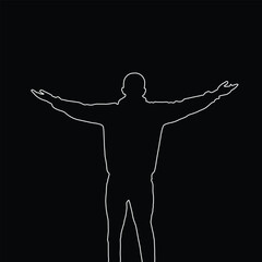 Line art of a Person with arms outstretched, cheering man open arms. Continuous line drawing. Isolated on the white background. Vector monochrome, drawing by lines. Sketch vector.