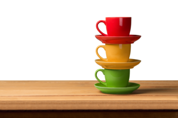 Colorful coffee and tea cups on wooden table
