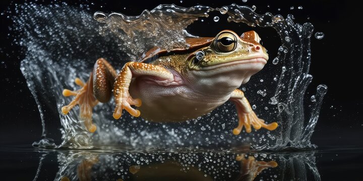 frog jumping and splashing over a clear water. Generative AI