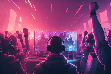 Obraz premium Professional esport team rejoice after winning match in esport tournament, Victory celebration of whole esport team in gaming arena, digital illustration of generative ai imaginary persons, 