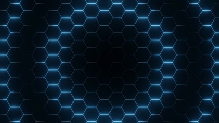 Hexagon Grid, Blue Background, Glowing, 3D Render Abstract Background Texture