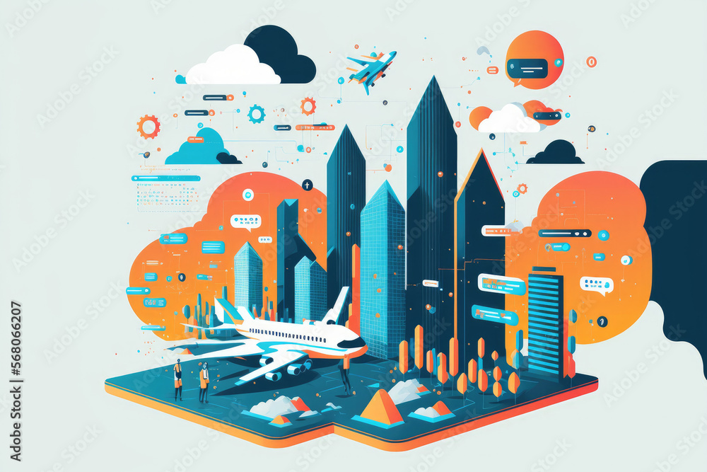 Poster a business data analytical interface flying over a smart city demonstrates how business intelligence