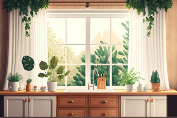The inside features a large white bay window with a garden view, a warm wooden kitchen cabinet, and soft drapes. Trends, Air Flow, Background, Mockup, Home, Space, Indoor House Plants. Generative AI