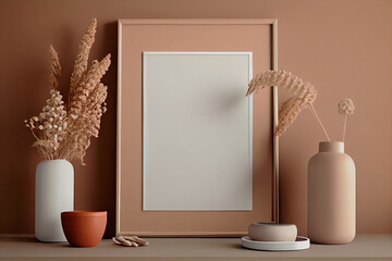 Frame mockup blank, hanging on the aesthetic minimalist wall and interior. Generative AI