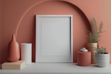 Frame mockup blank, hanging on the aesthetic minimalist wall and interior. Generative AI
