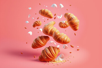 Countless hot croissants hovering or flying. Isolated croissants on a pink background. scene of levitation. Text copy space is used. advertisement for a bakery or candy shop. innovative breakfast opti - obrazy, fototapety, plakaty