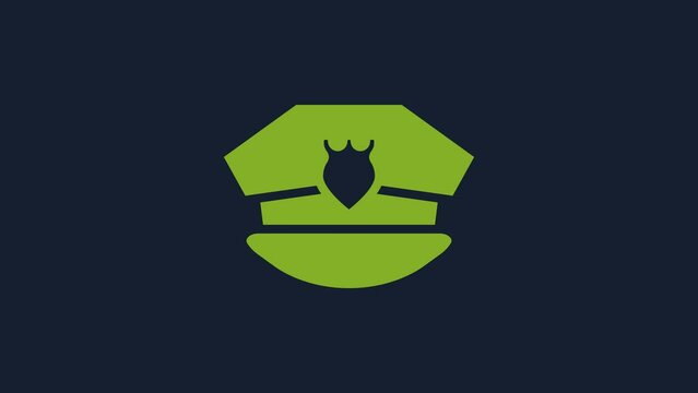 Yellow Police cap with cockade icon isolated on blue background. Police hat sign. 4K Video motion graphic animation