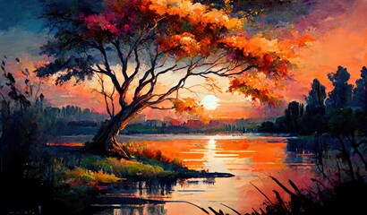 sunset over lake, landscape ,oil painting generative ai