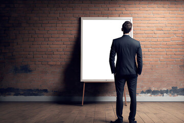 Businessman examining whiteboard in room with wooden floor and brick wall. a mockup. Generative AI