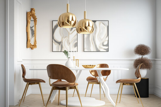 Wooden chairs at table under white lamp in dining room interior with gold painting and tubes. Idea for interior design. AI