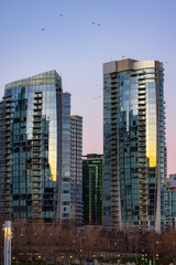 Residential Highrise Apartment Buildings in Coal Harbour, Downtown Vancouver, British Columbia, Canada. Winter Sunrise