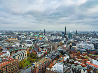 Fototapeta premium Aerial shot of Hamburg city downtown during a cloudy day, Germany