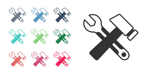 Black Crossed hammer and wrench spanner icon isolated on white background. Hardware tools. Set icons colorful. Vector