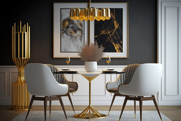 Wooden chairs at table under white lamp in dining room interior with gold painting and tubes. Idea for interior design. AI