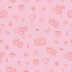 Seamless pattern with love elements: heart shape, love letter, mailbox, book, candy. Valentine's day. International Women's Day. Romantic concept