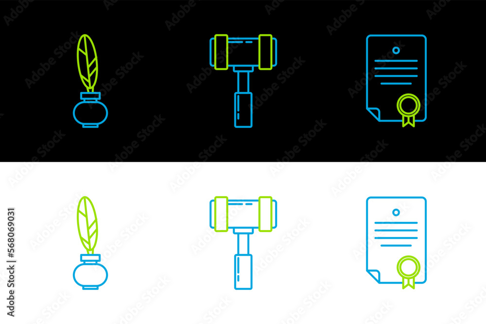 Poster set line certificate template, feather and inkwell and judge gavel icon. vector