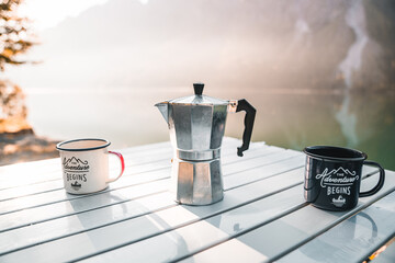 A compact and practical coffee setup, perfect for outdoor adventures or a quiet moment while...