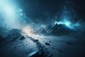 Fototapeta na wymiar Blue abstract and fantasy-like rocky foggy landscape, a road leading to the unkown | Generative AI