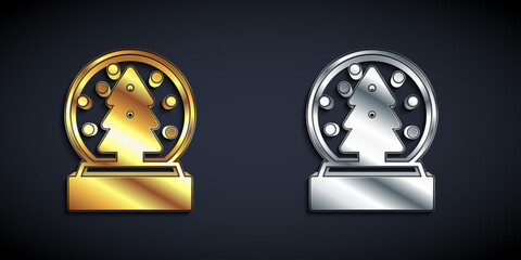 Gold and silver Christmas snow globe with fallen snow and christmas tree icon isolated on black background. Merry Christmas and Happy New Year. Long shadow style. Vector