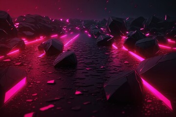 Pink abstract and fantasy-like rocky foggy landscape, a road leading to the unkown | Generative AI