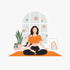 Girl doing yoga at home. Demonstrates peace and tranquility. Sports girl. Yoga. Sport. Fitness. Home Activities.