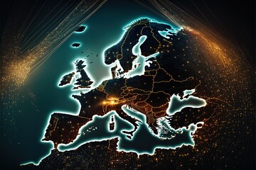 Connected network around planet Earth from space for global communication technology concept in Europe as Internet of Things, mobile web, fintech blockchain, big data, cloud.
