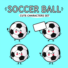 Fototapeta premium Funny cute happy Soccer ball characters bundle set. Vector hand drawn doodle style cartoon character illustration icon design. Isolated on blue background. Soccer ball mascot character collection