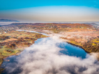 Aerial view of Lough fad in the morning fog, County Donegal, Republic of Ireland