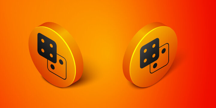 Isometric Game dice icon isolated on orange background. Casino gambling. Orange circle button. Vector