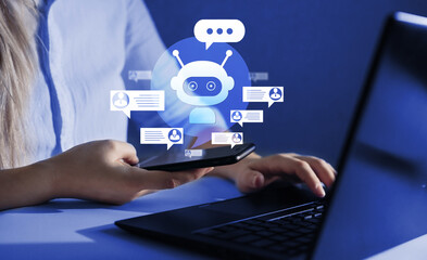Chatbot assistant on smartphone app interface with artificial intelligence technology. Chatbot, chat online concept.