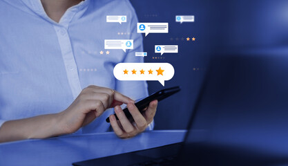 Gold five star rating feedback on virtual sreen. Customer review satisfaction feedback.Concept of satisfaction, quality and performance.
