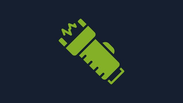 Yellow Police electric shocker icon isolated on blue background. Shocker for protection. Taser is an electric weapon. 4K Video motion graphic animation