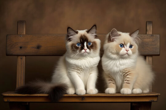 Young curious ragdoll and British shorthair mix cat perched on a wooden seat. a studio photograph with a warm beige background. young multicolored cat with stripes. Generative AI