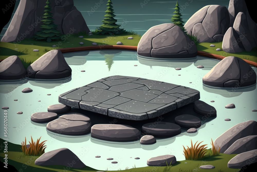 Poster a mock up setting with a premium stone platform on water and a black rock backdrop. generative ai