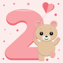 Fototapeta na wymiar Number 2 for birthday with funny bear for invitation card.