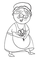 grandmother with tulips for a card happy birthday, from March 8.Vector graphics