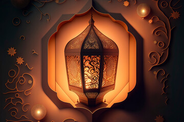 Fototapeta na wymiar Oriental Arabic Islamic night lantern with magical oriental fairy light Ramadan paper cut lantern. AI