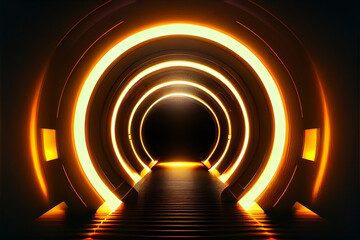 Naklejka premium Cylindrical, round neon tunnel with a floor. AI generated.