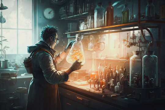 Picture capturing a researcher at work, grasping a flask with their hand while surrounded by various scientific instruments in a lab setting