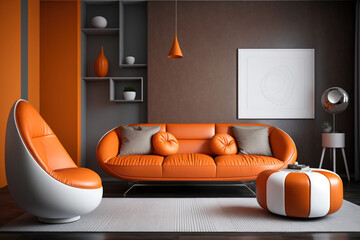 Orange leather sofa in living room with little furnishings against two tone walls. Generative AI