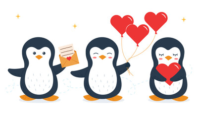 Cute penguins with hearts. A penguin is holding a heart. Penguin with an envelope. Penguin with balloons. Card for Valentine's Day. Vector illustration