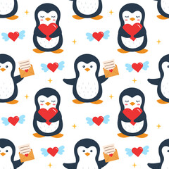 Cute penguins with hearts. Valentine's Day. Seamless pattern. Can be used for web page background fill, surface texture