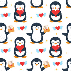 Cute penguins with hearts. Valentine's Day. Seamless pattern. Can be used for web page background fill, surface texture