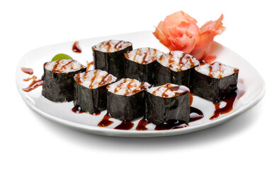 Salmon and caviar rolls served on a plate