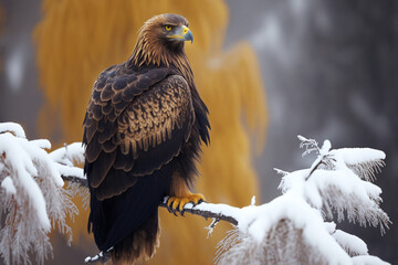 Wintertime Golden Eagle (Aquila chrysaetos) perched on a branch. Generative AI