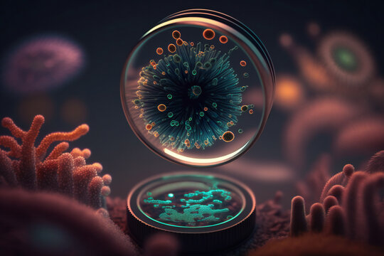 A visual depiction of microorganisms, magnified and examined through a microscope to study their cellular characteristics and behavior