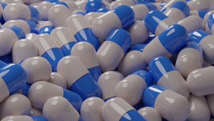 Fototapeta premium A group of antibiotic pill capsules is white and blue healthcare and medical, 3D illustration background.
